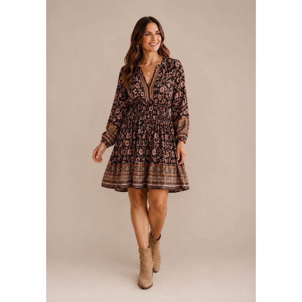 Current Air Los Angeles XL Floral Boho Peasant Dress Smocked Waist